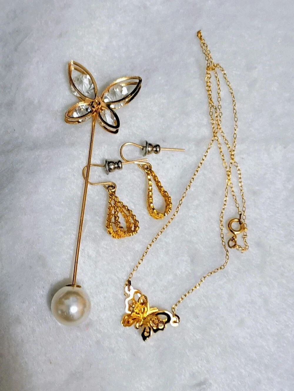 Gold Toned Filigree Butterfly Necklace, Butterfly Hat Pin and Earrings